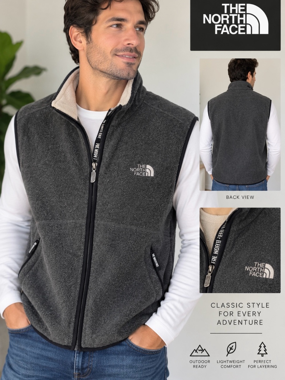 The North Face Men's Dark Charcoal Gray Full‑Zip Fleece Vest Size Medium